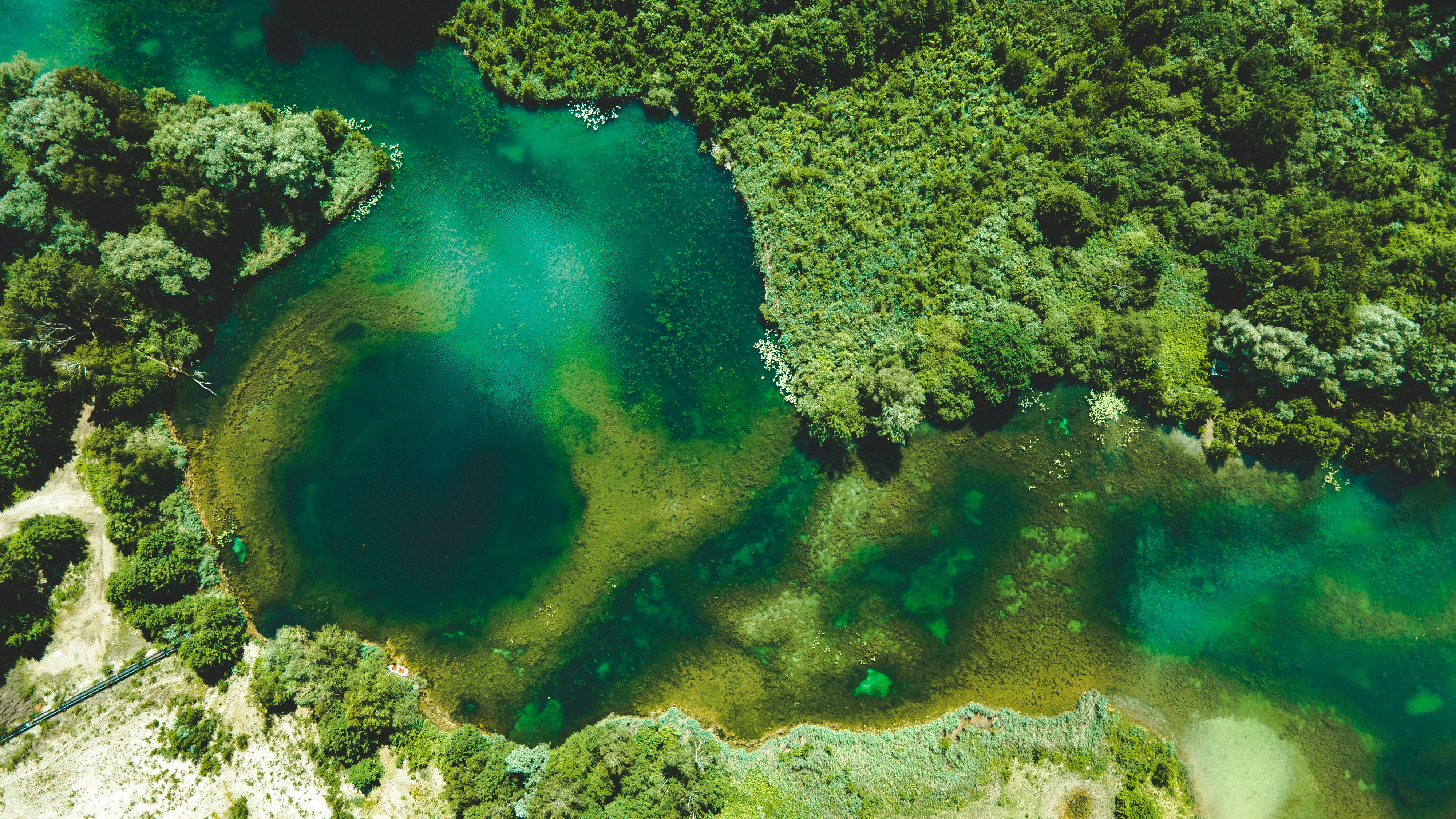Aerial view of a lush green landscape with dense forest surrounding a clear, turquoise river.