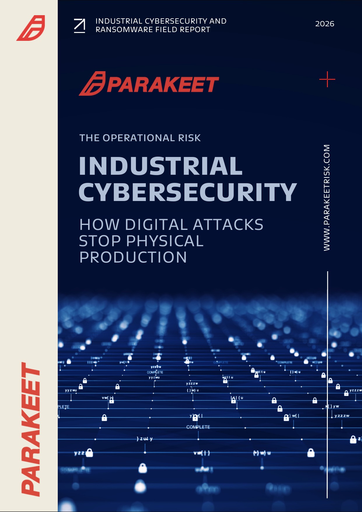 A whitepaper cover showing the title "Industrial Cybersecurity" and the digital data protection technology concept in blue and black. Connection of small binary padlock polygons on dark blue background.