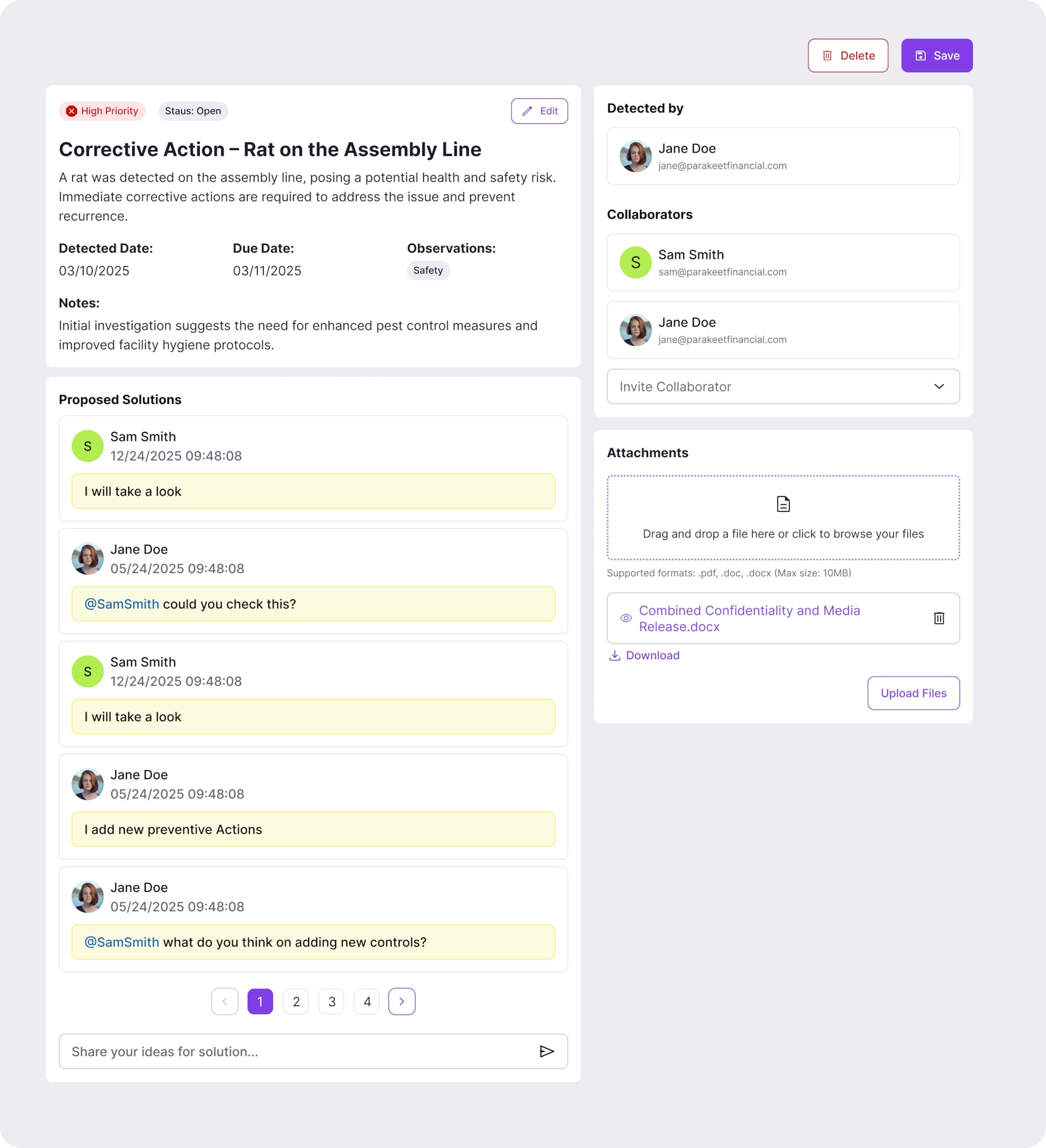 Parakeet Risk's platform screen showing conversation in the chat concerning security incidents.