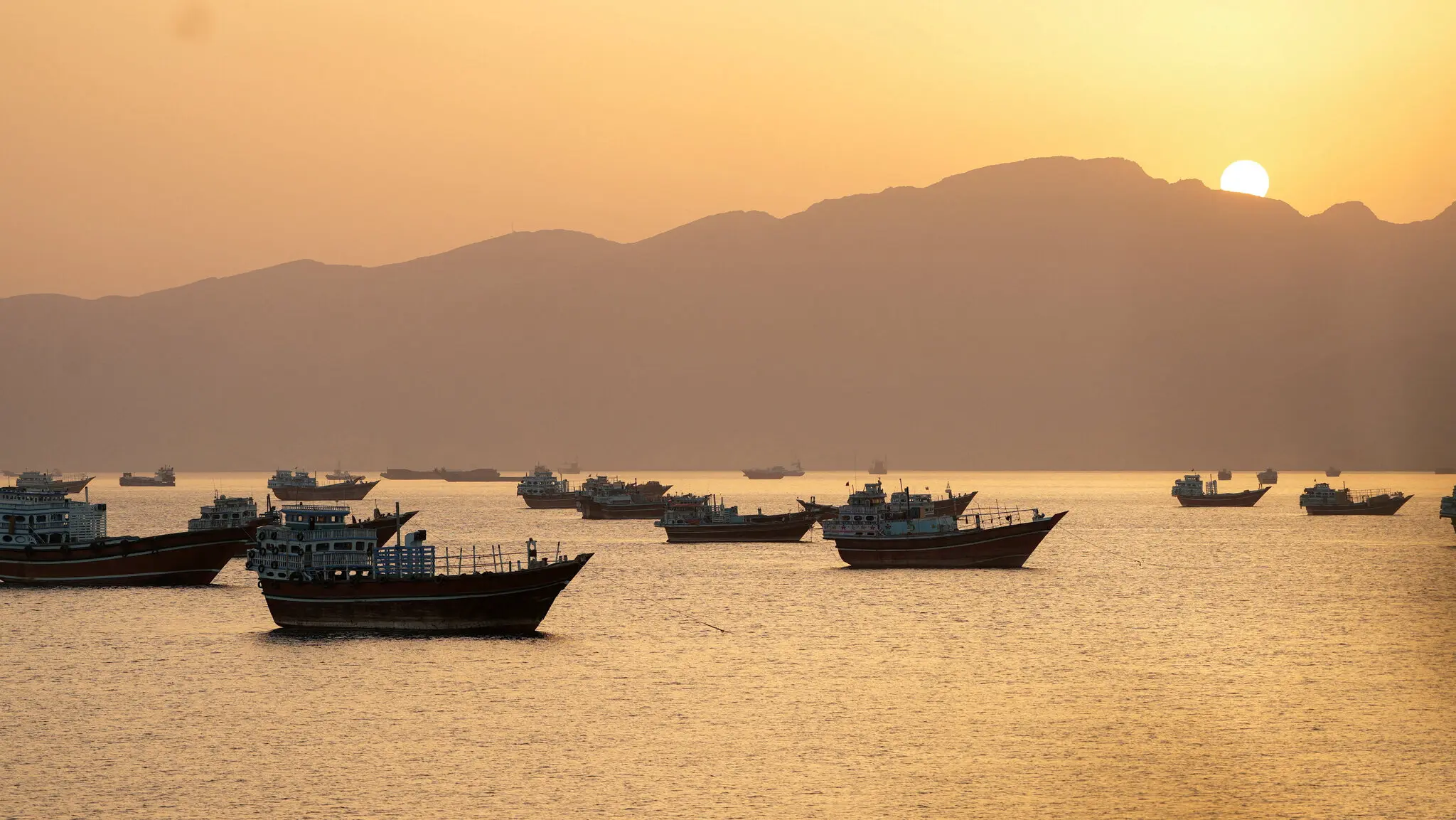 Vessels sail through the Strait of Hormuz.