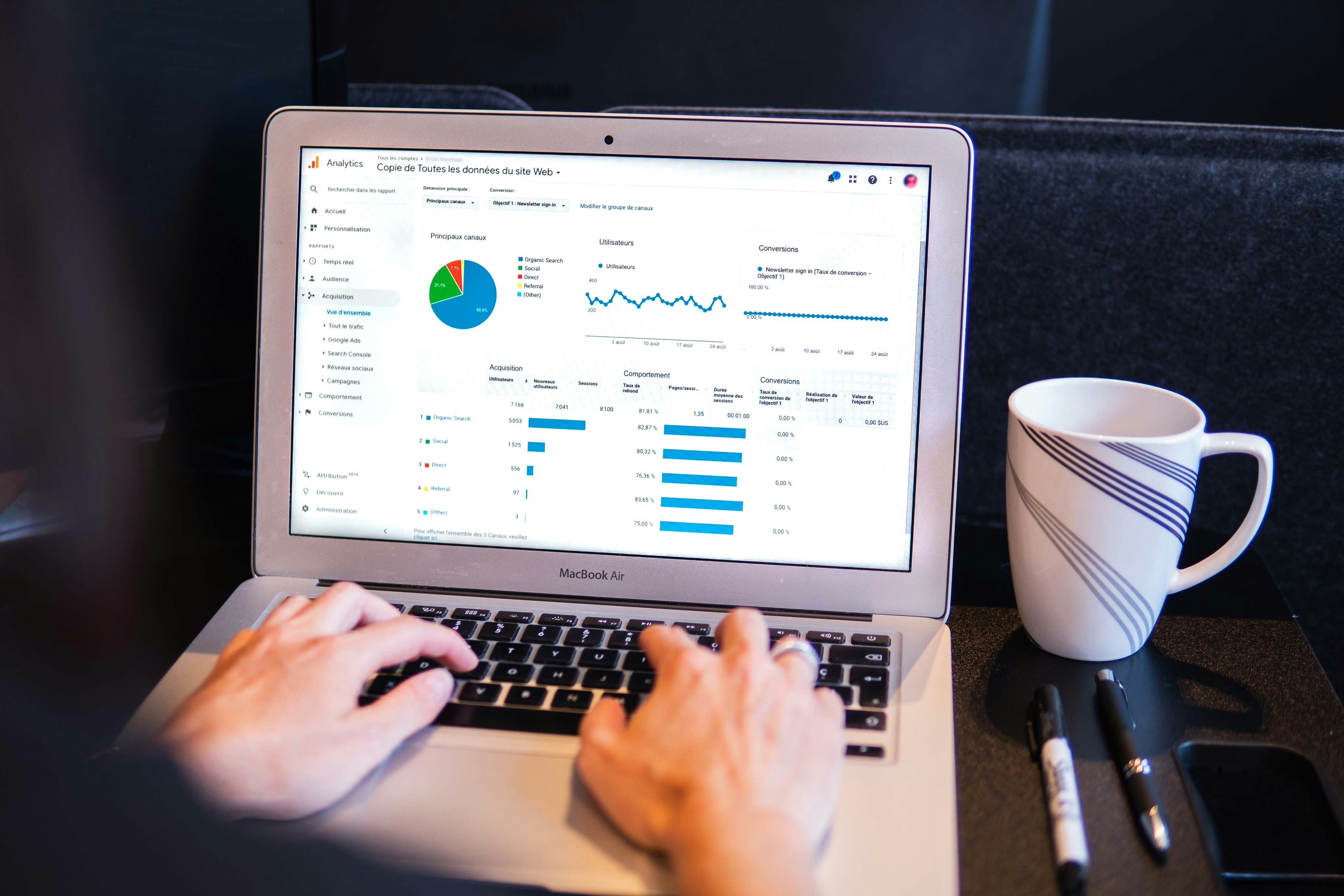 Close-up of hands typing on a laptop displaying web analytics dashboards with charts, graphs, and a pie chart showing risk assessment analysis.