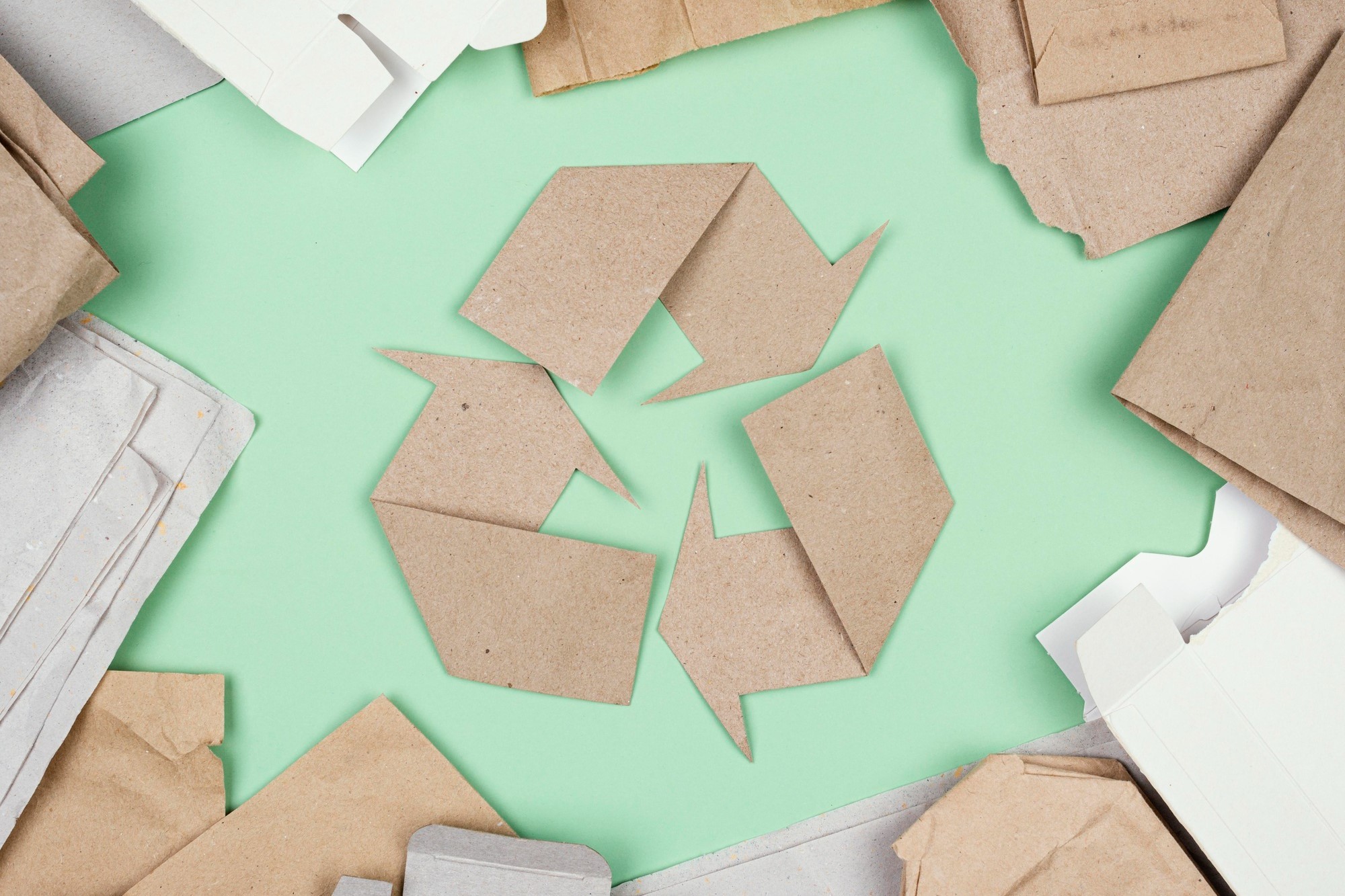 Paper arrows formed in the sign of circular economy in packaging industry.