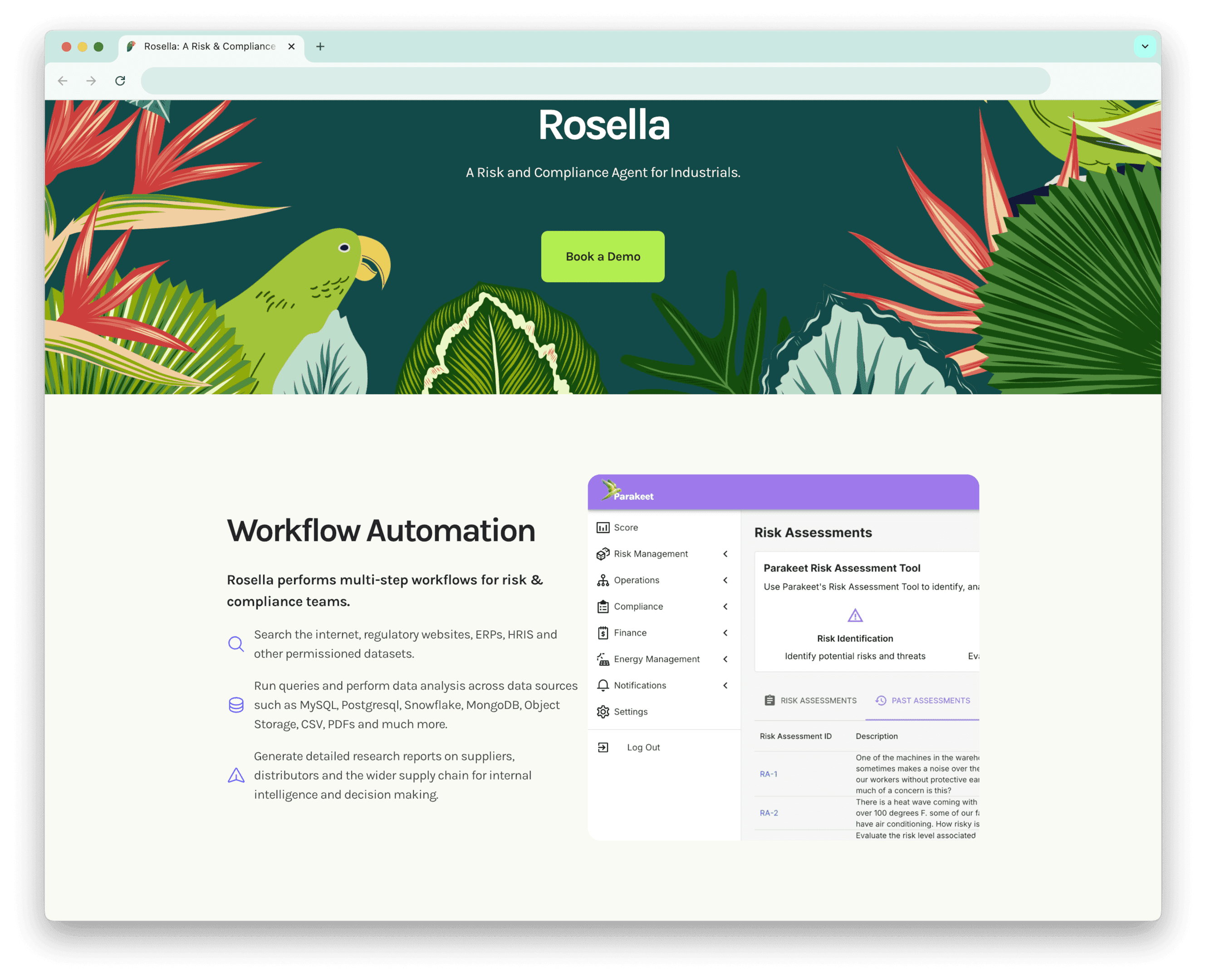 The screen displaying the description of Parakeet Risks platform with its AI agent, Rosella, actively monitoring regulatory updates