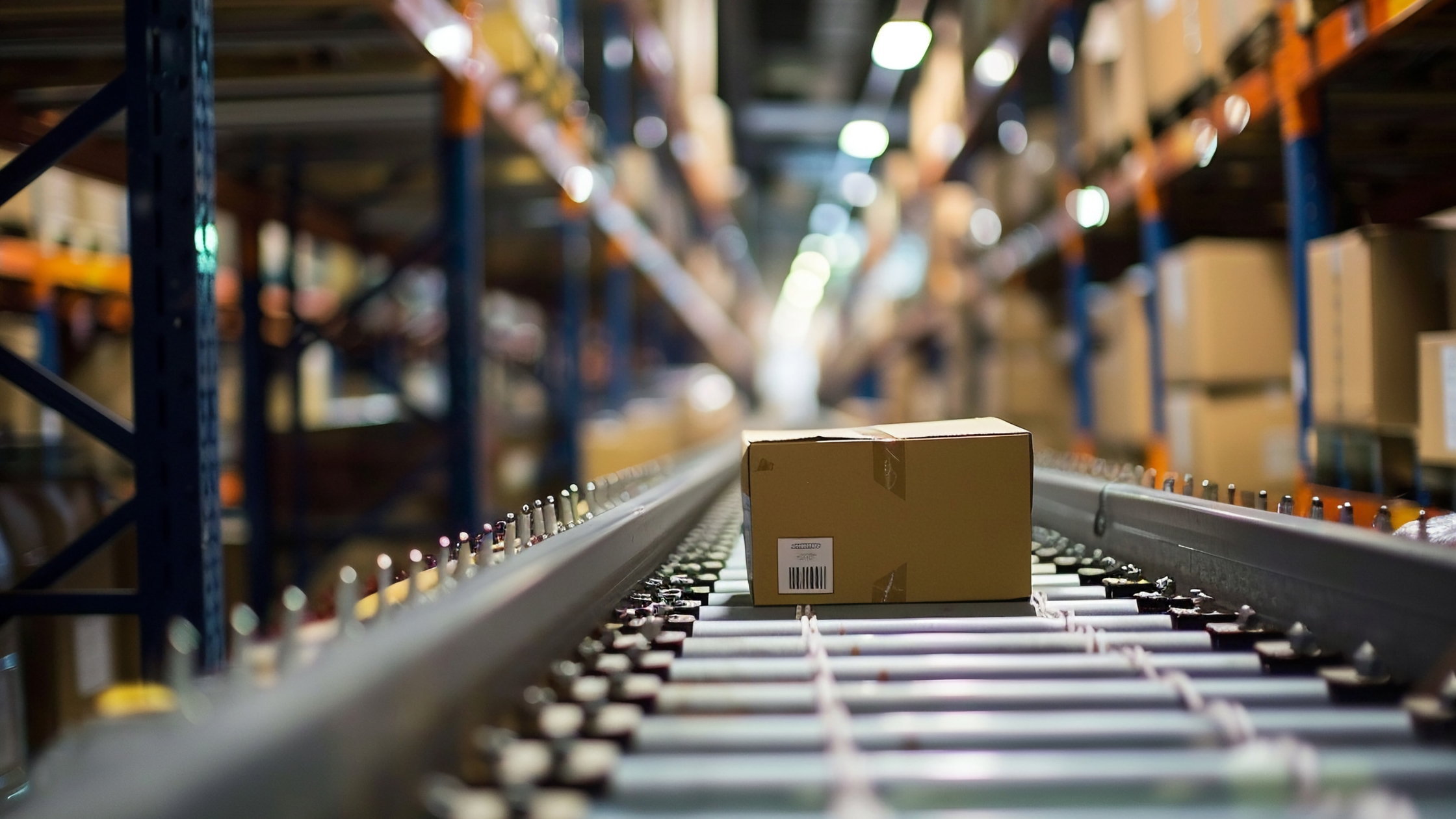 Cardboard Box on Conveyor Belt in Distribution Warehouse