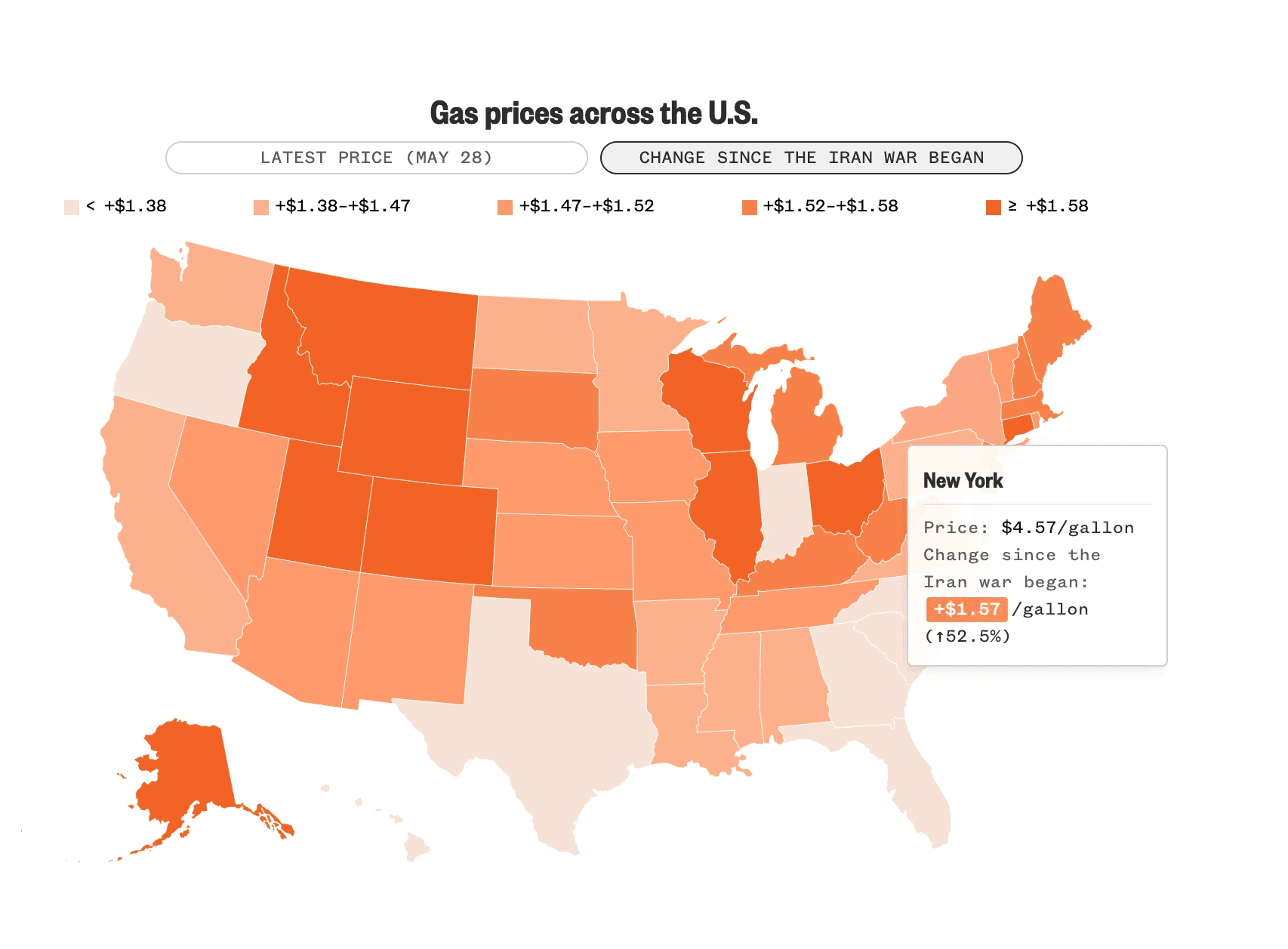 A map showing how much energy costs are rising amid the Iran war.