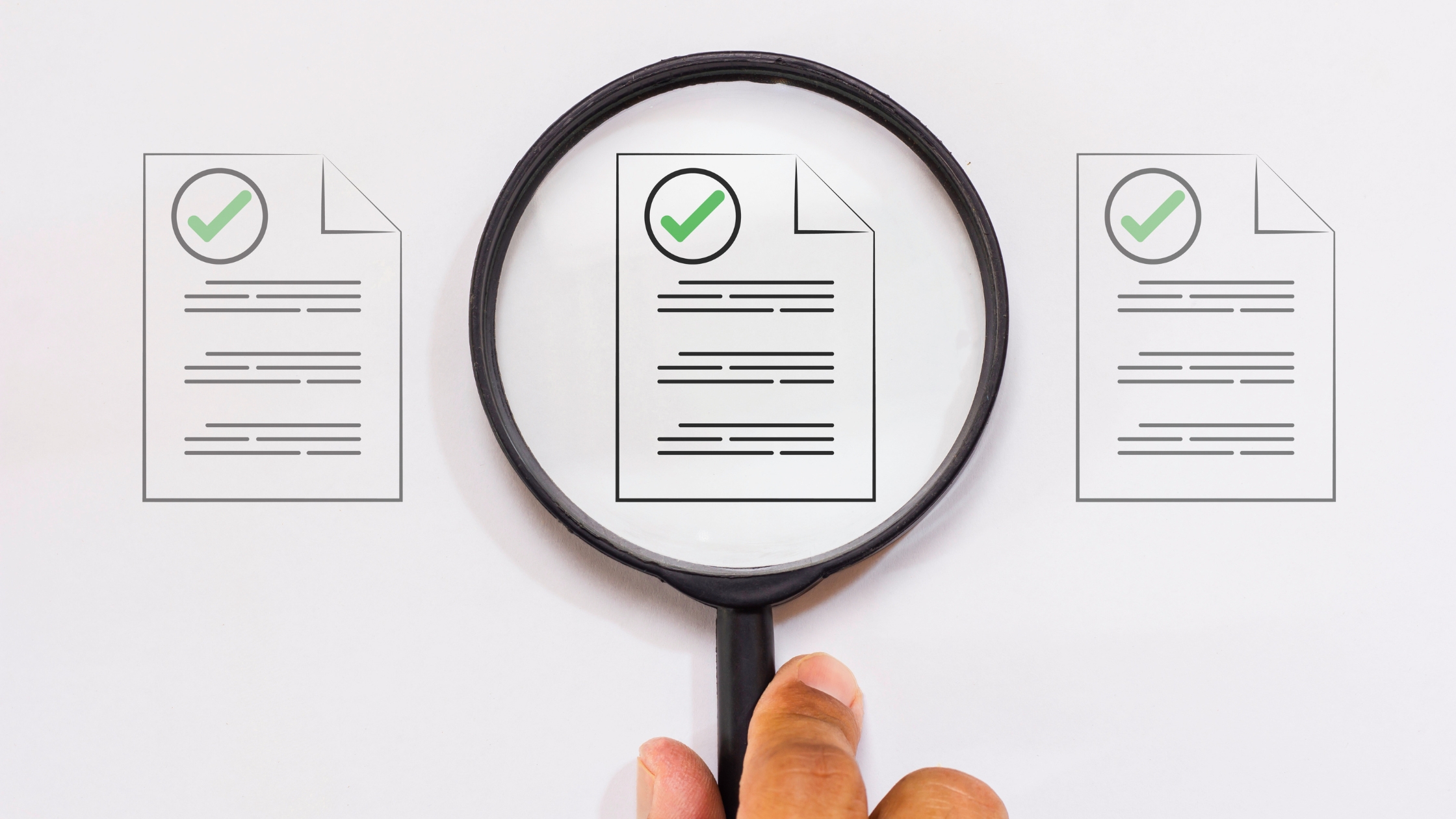 The magnifying glass focuses on the document.