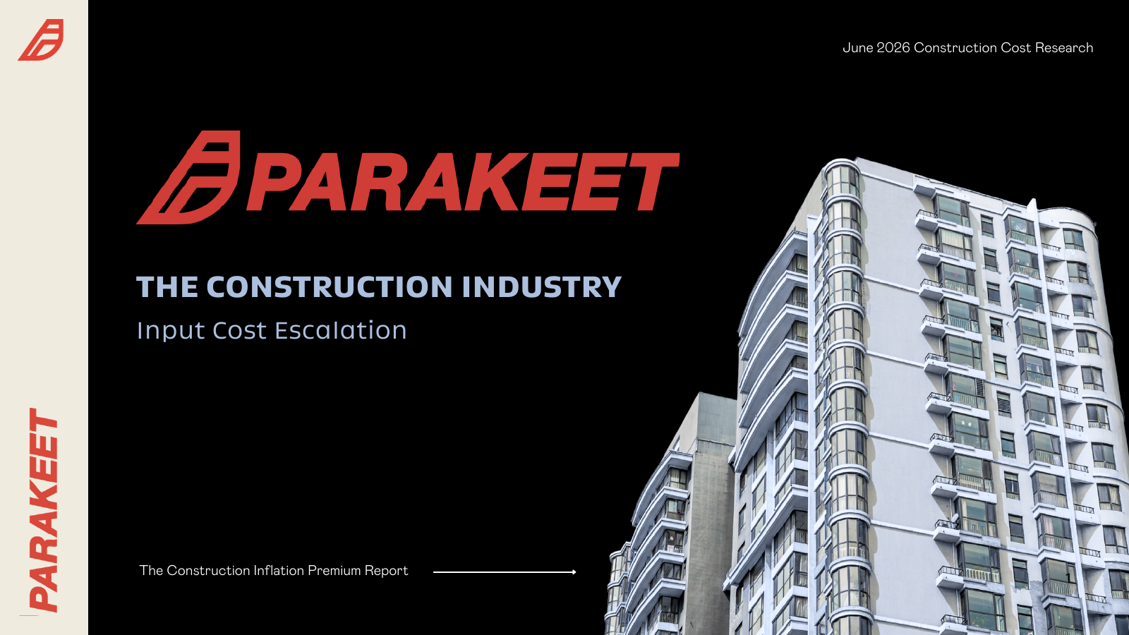 Construction Inflation Premium Report cover with Parakeet branding and a building