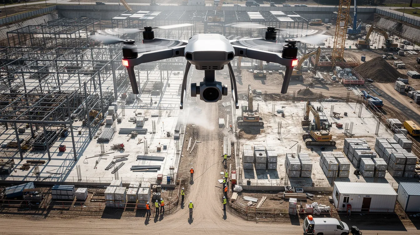 A drone is flying above a large construction site, conducting an aerial inspection while construction workers are visible below, wearing personal protective equipment such as hard hats and safety vests. This innovative use of technology enhances job site safety by monitoring potential hazards and providing real-time data to help reduce accidents and improve workplace safety.