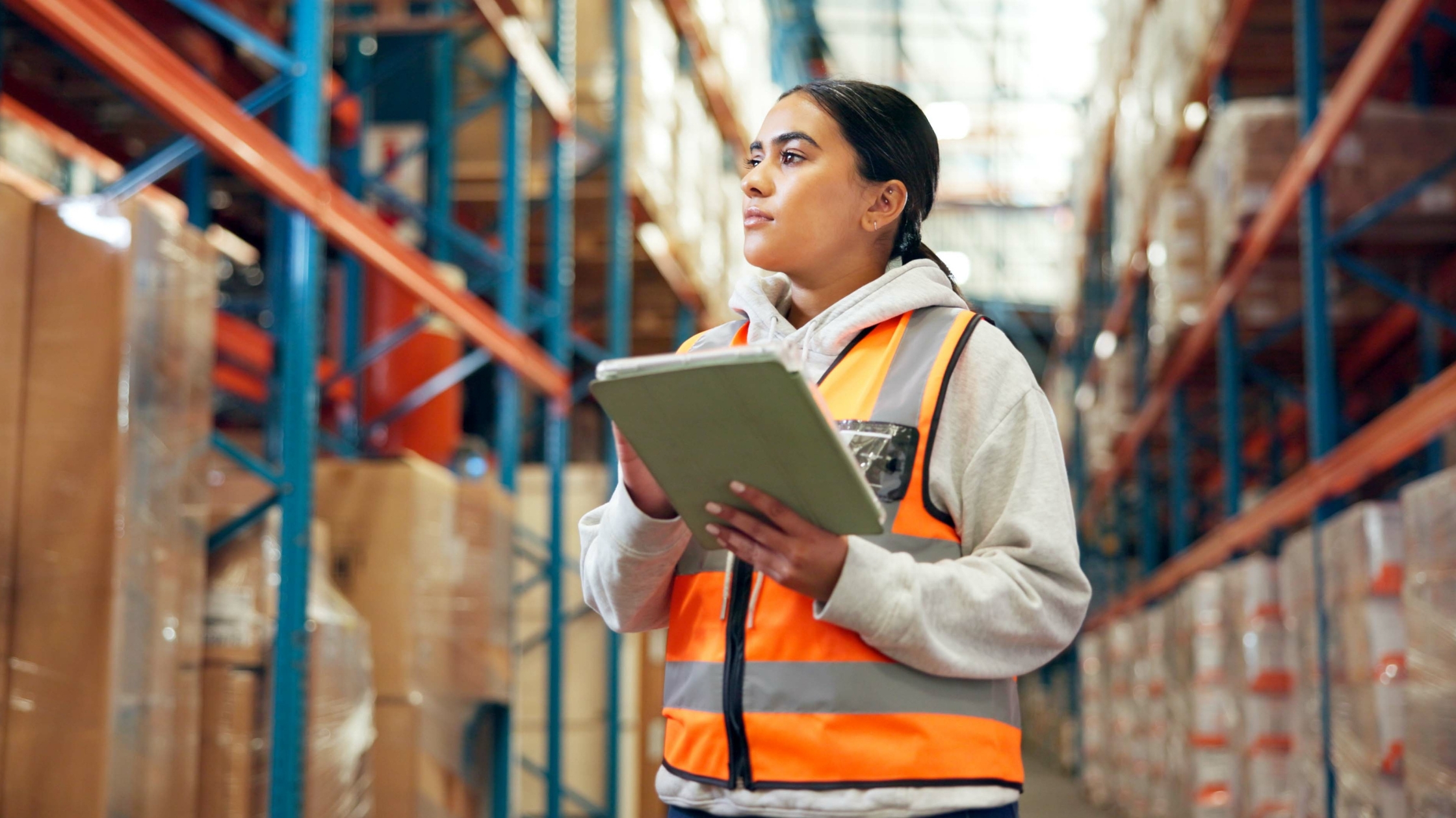 Distributor and Person with Tech for Stock Inventory, Supply Chain or Goods in Factory