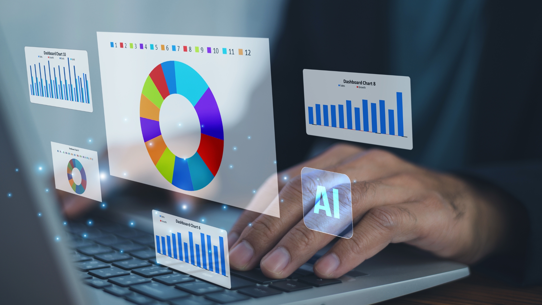 A business professional analyzes data using advanced technology on a laptop. Colorful charts and graphs illustrate performance metrics and trends.