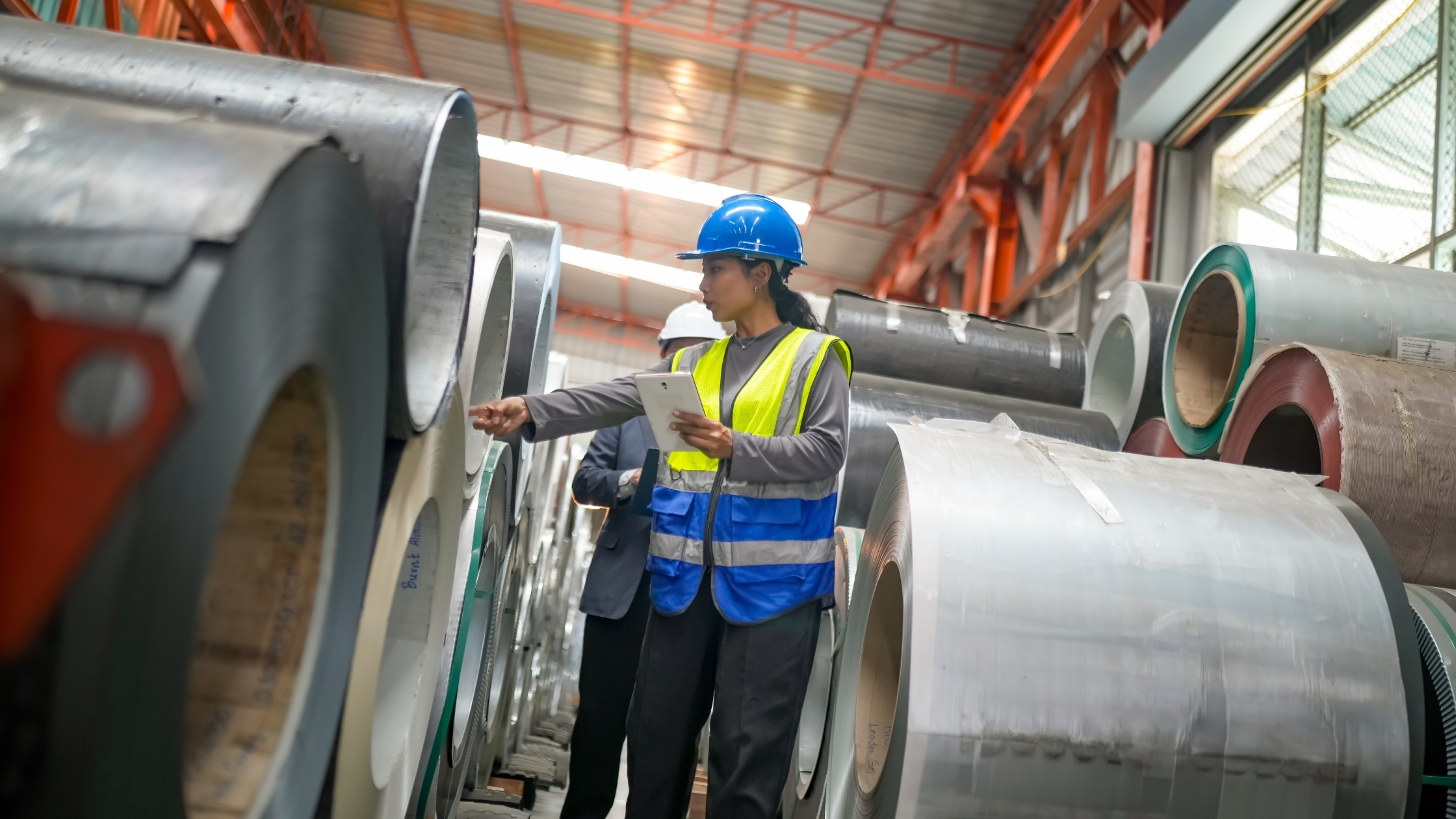 Worker in a safety helmet and gloves inspecting or guiding a large roll of sheet metal in an industrial setting.