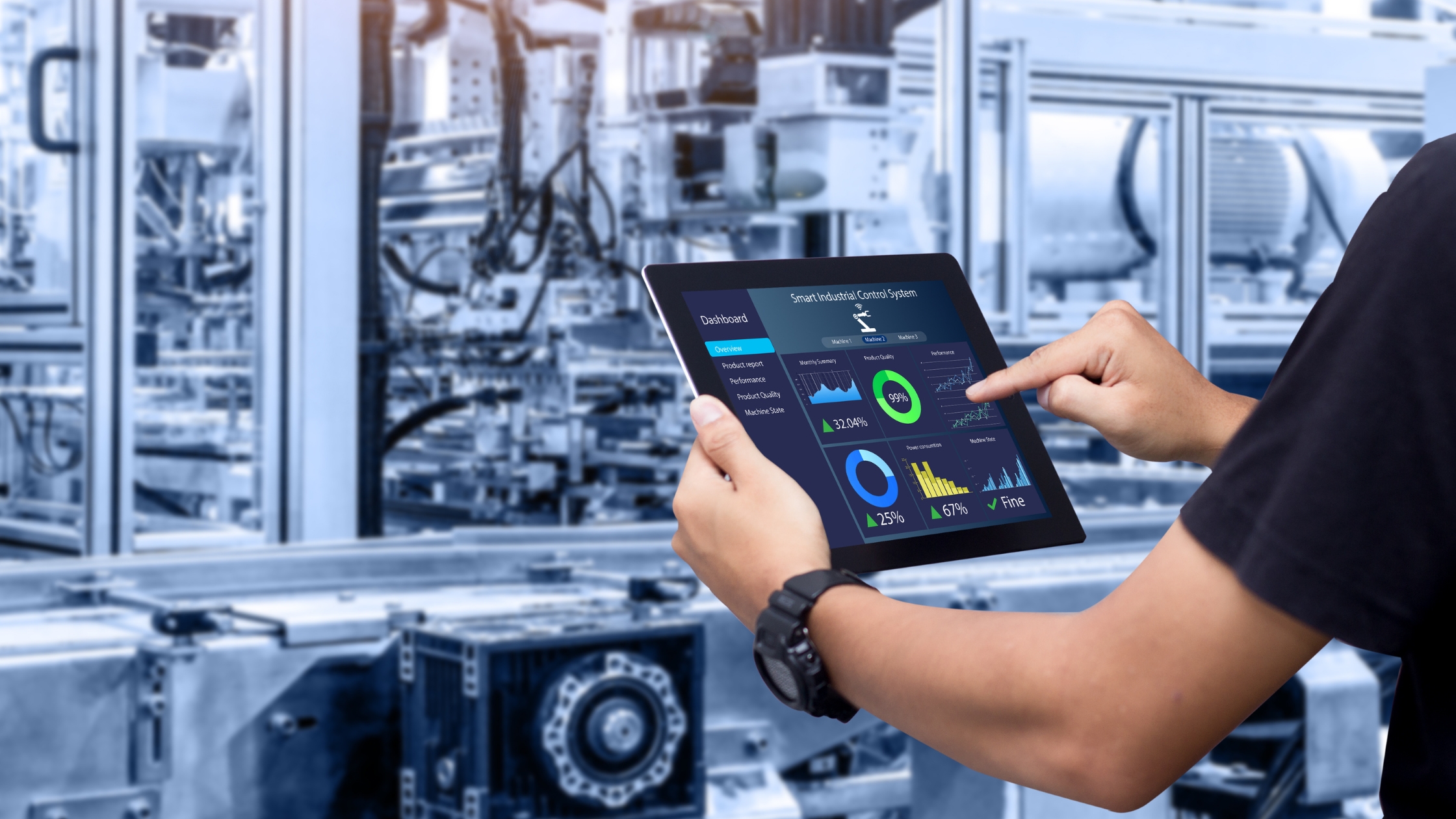 A man holding tablet showing smart industry control concept on the industrial background