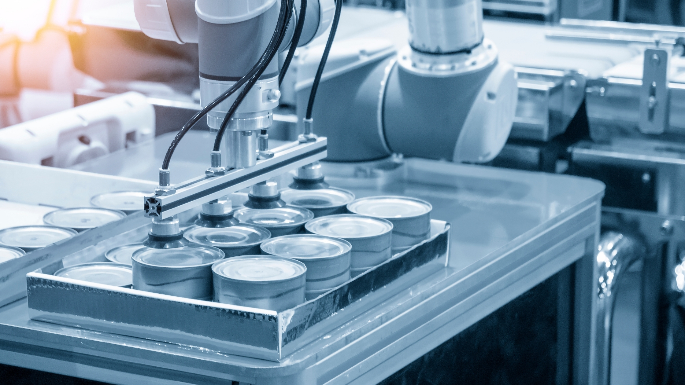 The can packaging manufacturing process in the light blue scene.