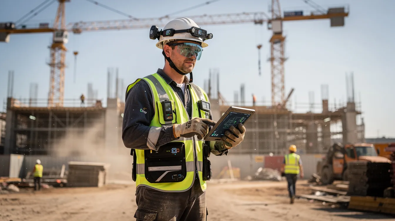 A construction worker is on site wearing a smart helmet equipped with sensors and a connected safety vest, designed to enhance job site safety by providing real-time alerts for potential hazards and monitoring environmental conditions. This innovative wearable technology aims to reduce workplace incidents and protect construction workers from falls and other injuries.