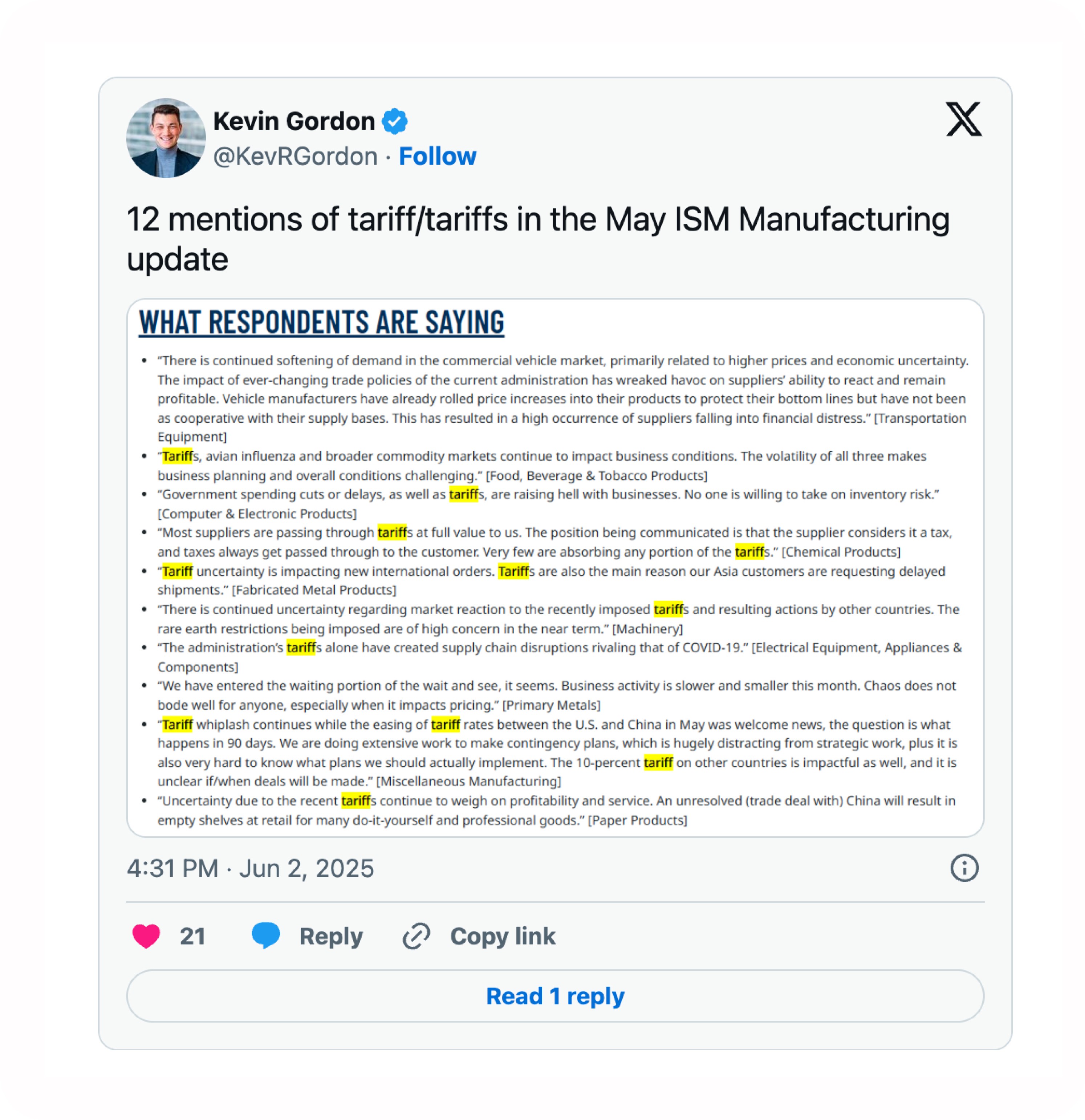Kevin Gordon's X post showing 12 mentions of tariffs in the May ISM Manufacturing update.