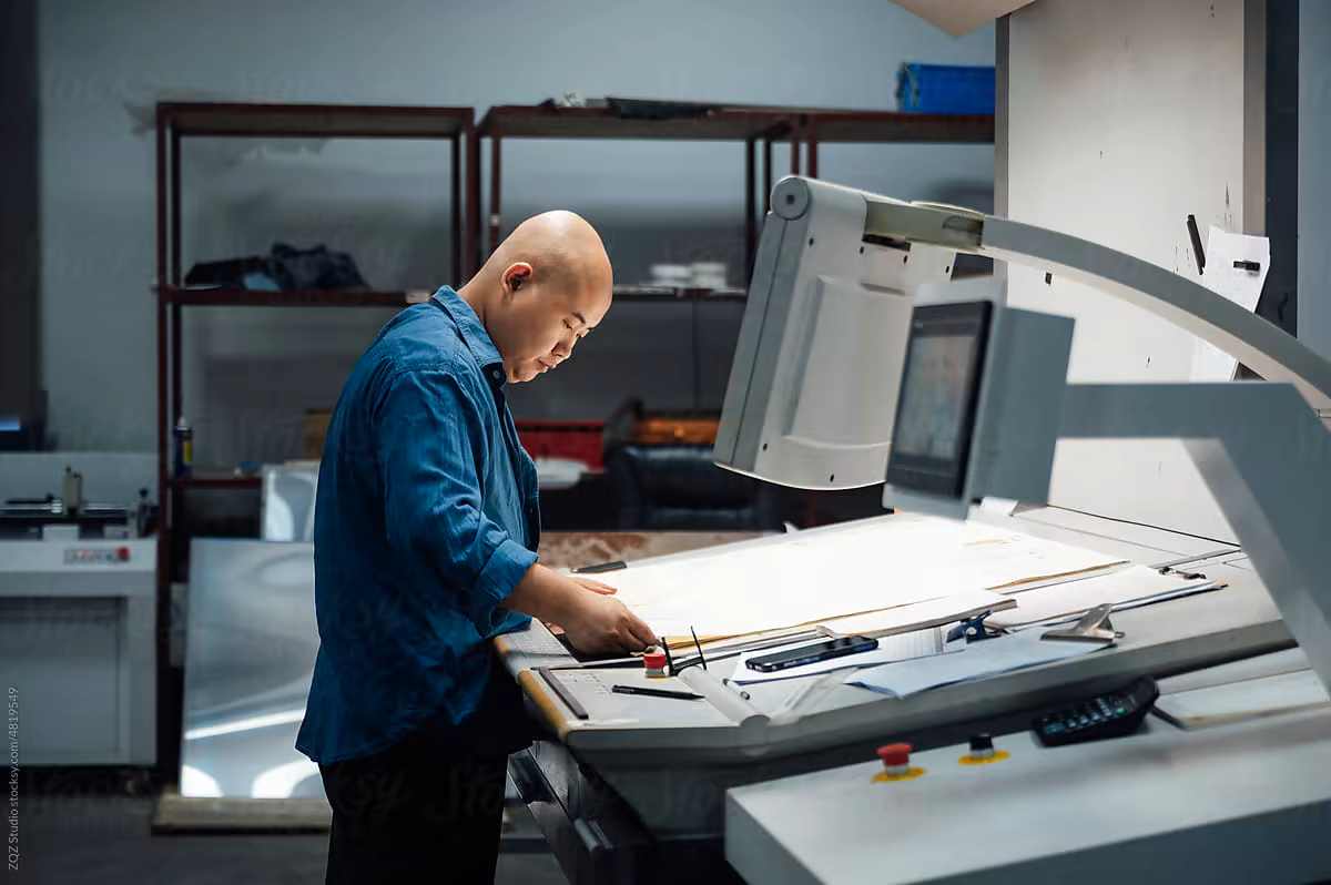 Technician reviewing production plans