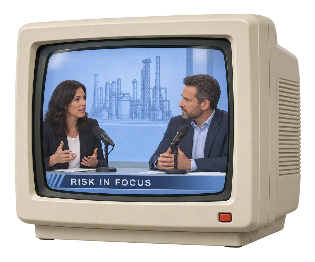 Illustrative retro television showing two fictional presenters discussing industrial risk