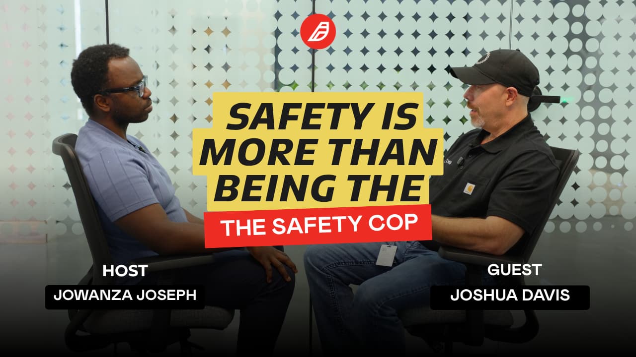 Video thumbnail showing host Jowanza Joseph and guest Joshua Davis seated for an interview, with large central text reading "SAFETY IS MORE THAN BEING THE THE SAFETY COP"