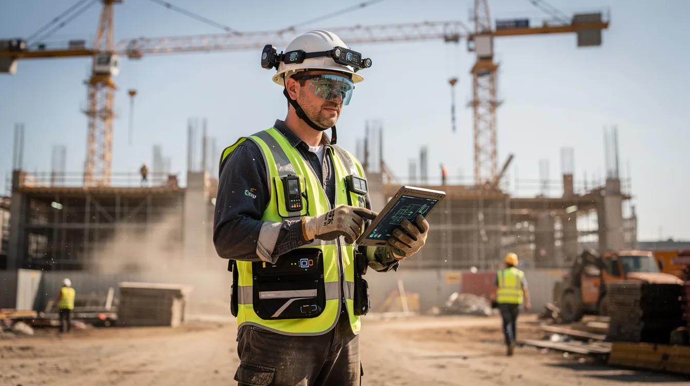 A construction worker is on site wearing a smart helmet equipped with sensors and a connected safety vest, designed to enhance job site safety by providing real-time alerts for potential hazards and monitoring environmental conditions. This innovative wearable technology aims to reduce workplace incidents and protect construction workers from falls and other injuries.
